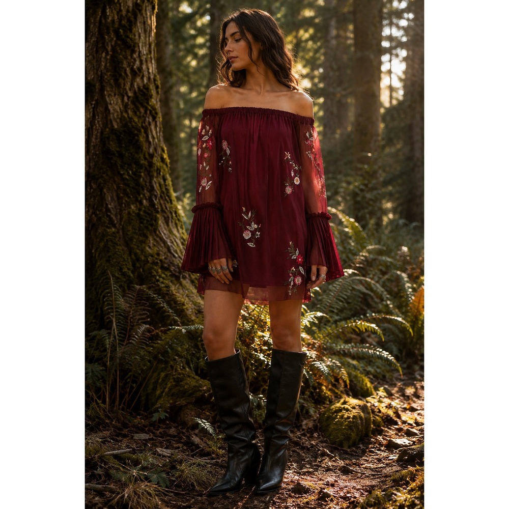 Bongo Burgundy Floral Embroidered Mesh Bell Sleeve Boho Mini Dress Size Medium